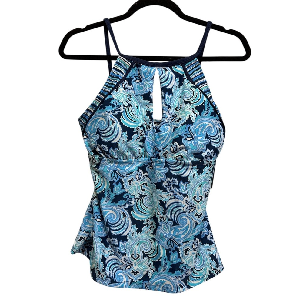Tankini Swim‎ Top Blue Paisley Keyhole Halter Sleeveless Swimwear Beach Resort